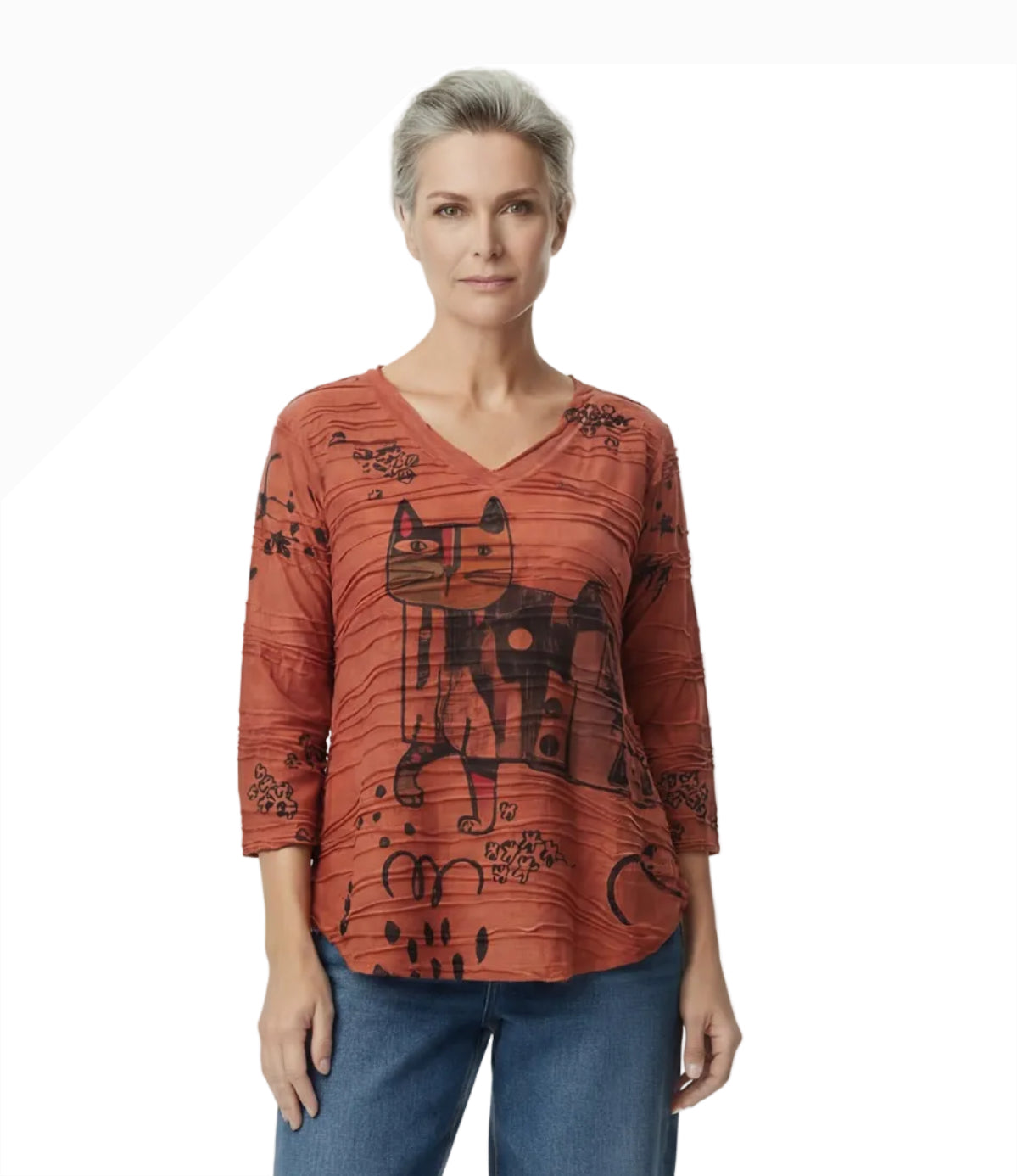 Inoah T350SMR-AF58 RUMI WANDER Cat V-Neck 3/4 Sleeve A-Line Top