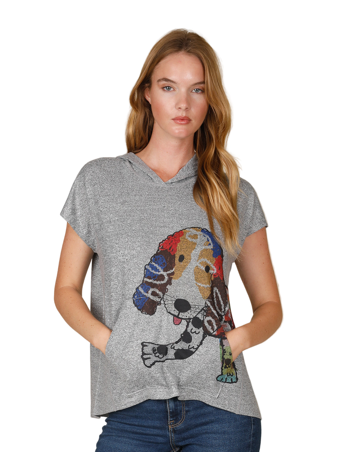 Inoah T427T FI FI FLUFF Grey Short Sleeve Hooded Doggy T-Shirt With Pockets