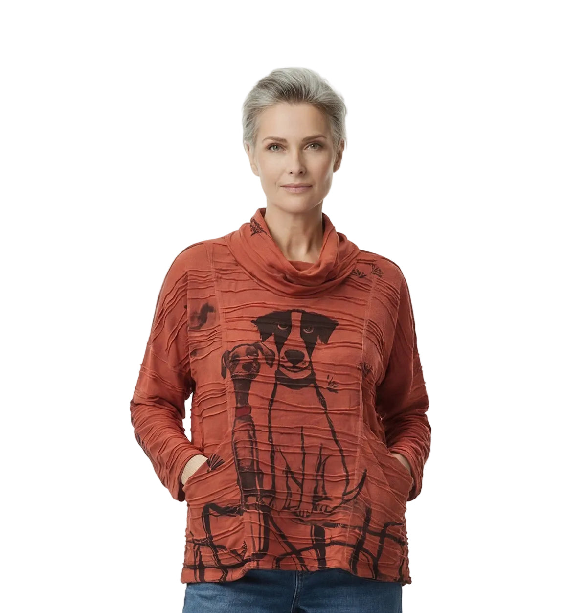 Inoah T464SMR-AF53 OTTO & TUCKER Pin Tuck Cowl Neck Sweater With Pockets