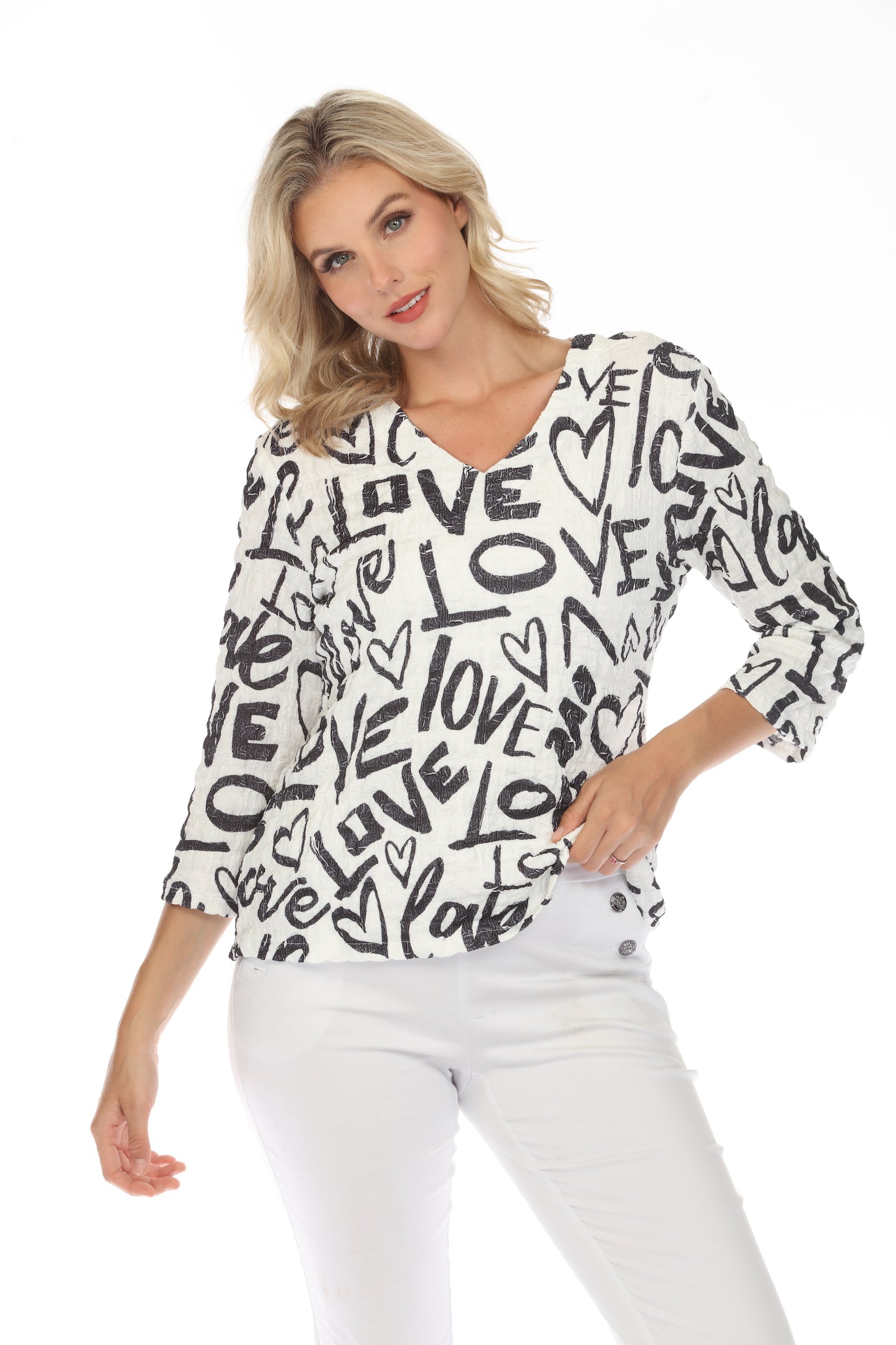 LINDI T5217-1 Black On White LOVE 3/4 Sleeve V-Neck T-Shirt