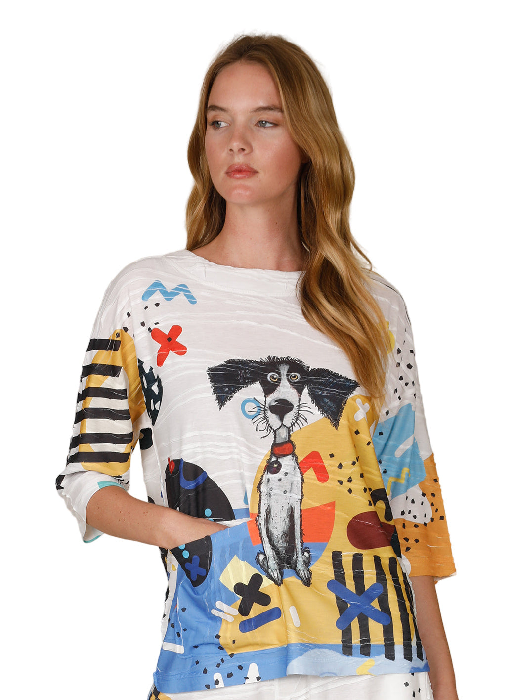 Inoah T538SM SIR ARTSY PAWS 3/4 Sleeve Boat Neck Doggy T-Shirt With Pocket