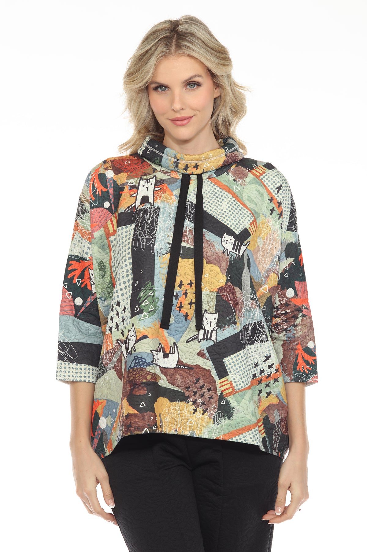 Inoah T809NBC CAT-TASTIC DAY Printed Oversized Cowl Neck 3/4 Sleeve Pullover