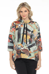 Inoah T809NBC CAT-TASTIC DAY Printed Oversized Cowl Neck 3/4 Sleeve Pullover