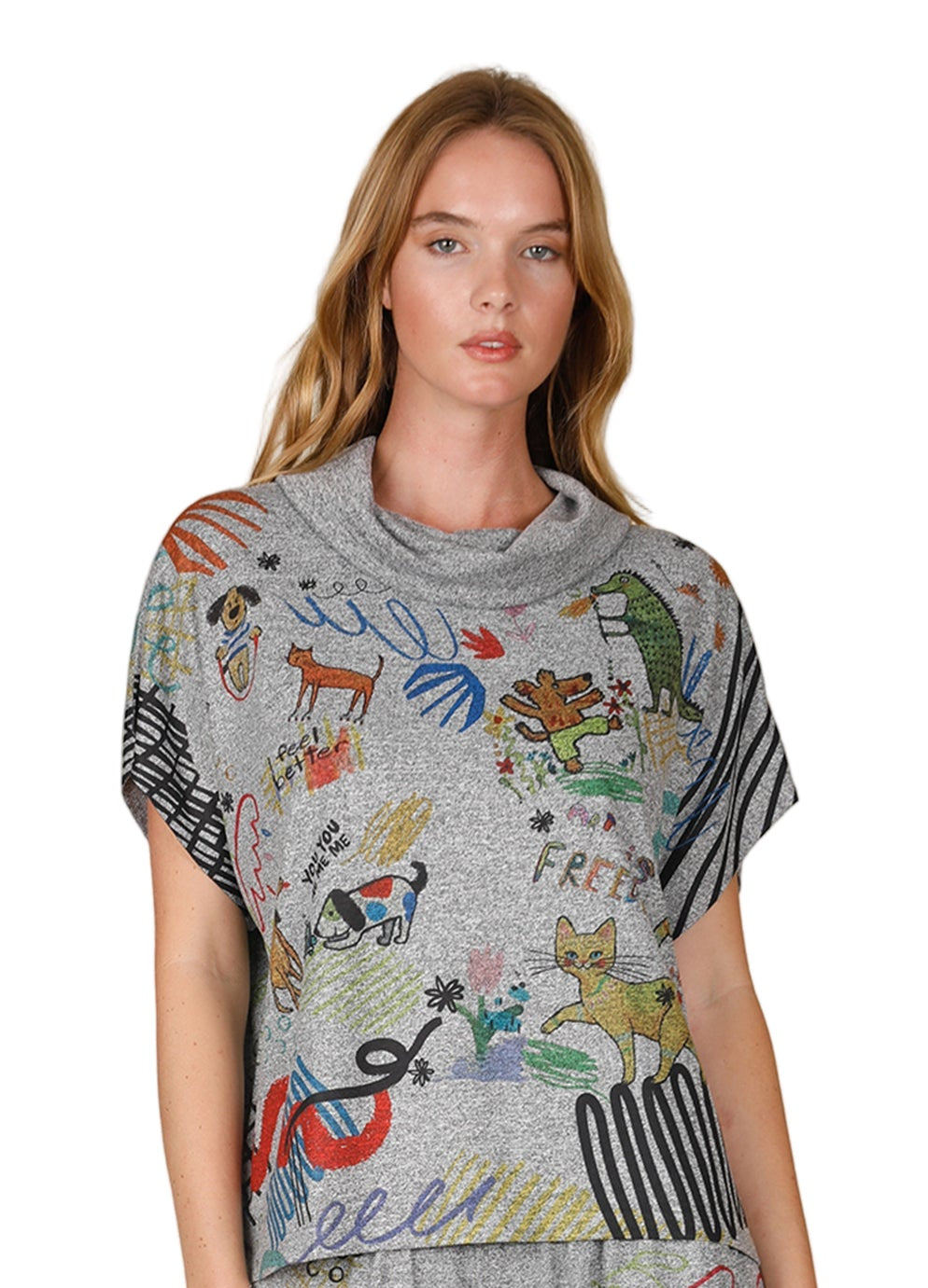 Inoah T992T FREEDOM PARK Grey Short Dolman Sleeve Cowl Neck Top