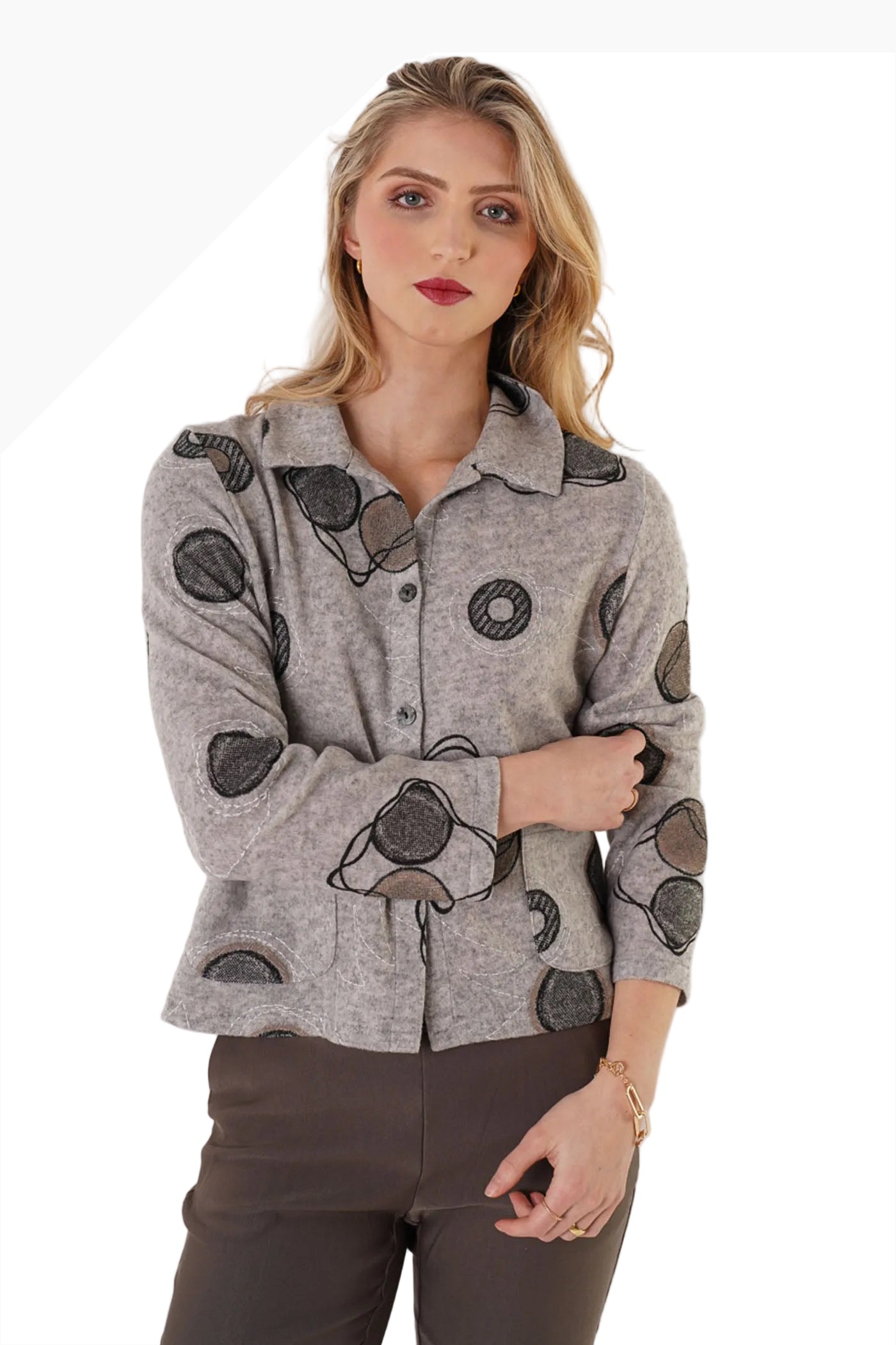 Trisha Tyler TT13072 Light Grey Button Front Patch Pocket Jacket