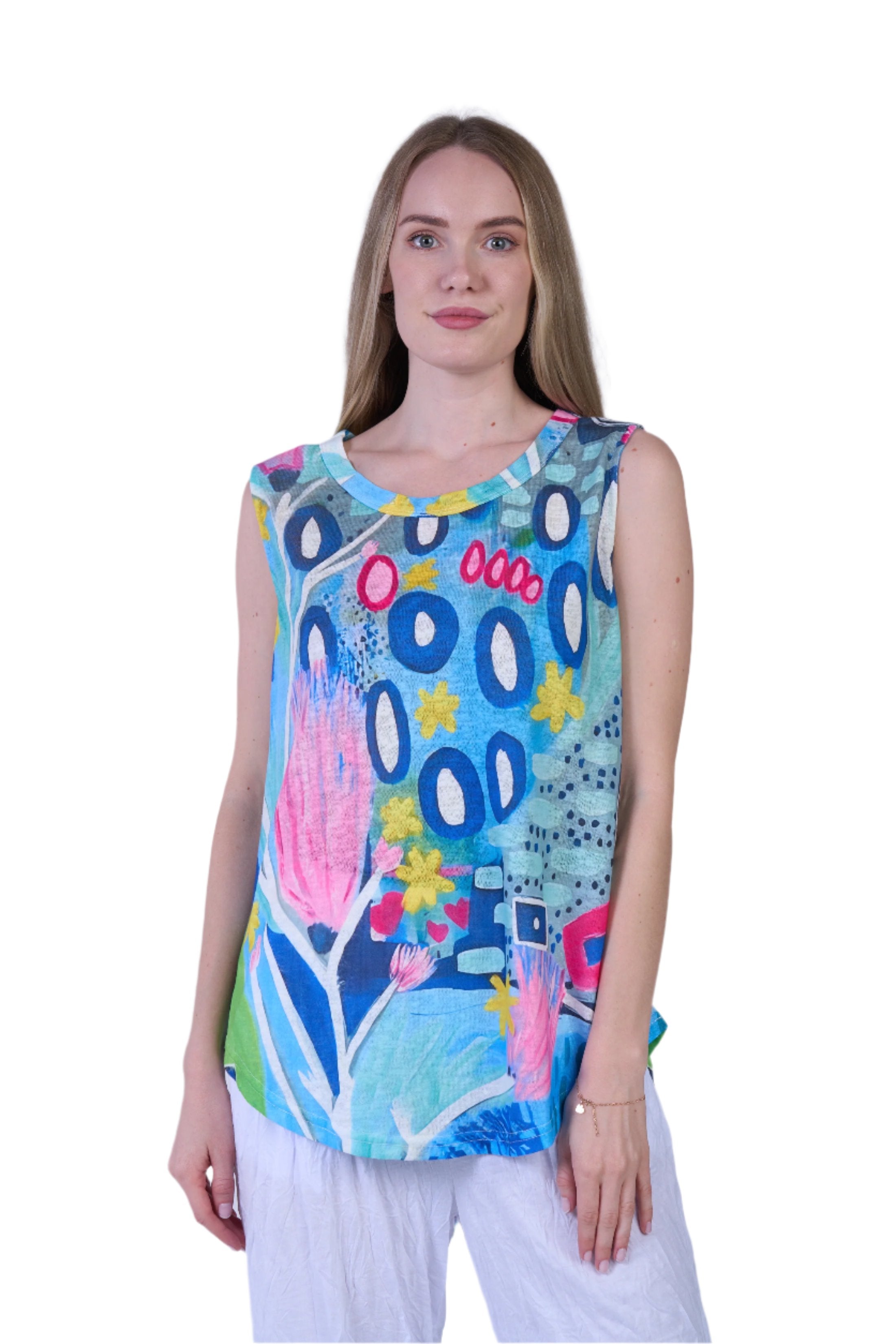 Shana 25125M Multicolor Dots and Flowers Pattern Tank Top