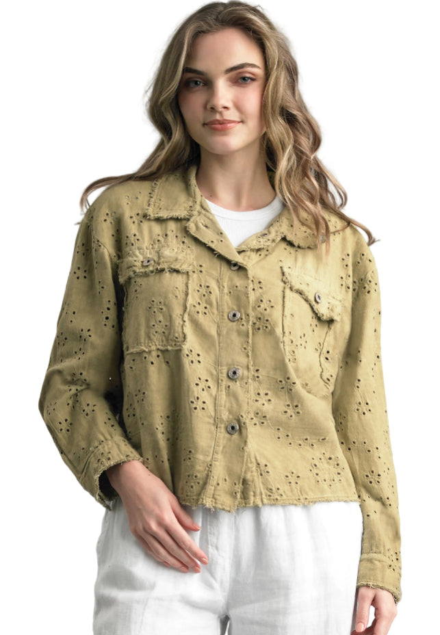Tempo Paris 555CSG SAGE 100% Wash Cotton Two Pocket Embroidered Eyelet Frayed Edge Jacket
