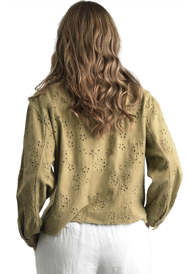 Tempo Paris 555CSG SAGE 100% Wash Cotton Two Pocket Embroidered Eyelet Frayed Edge Jacket
