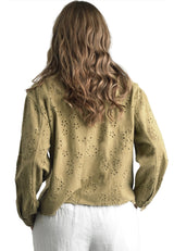 Tempo Paris 555CSG SAGE 100% Wash Cotton Two Pocket Embroidered Eyelet Frayed Edge Jacket