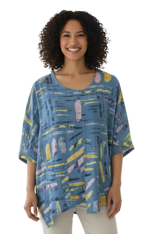 Transparente 6653VBU BLUE Vicki Linen & Cotton Blend Split Tunic