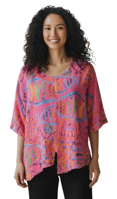 Transparente 6653MSB STRAWBERRY Mahi Cotton Linen Blend Pop Art Print Tunic