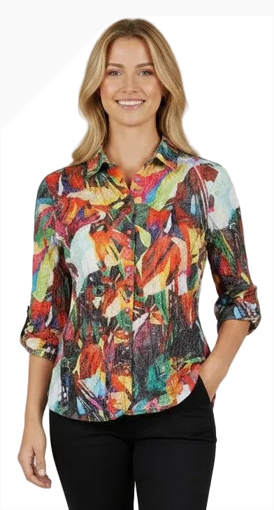 Carine BC26384 VIVID BOTANICA Burnout Crinkle Sabrina Shirt