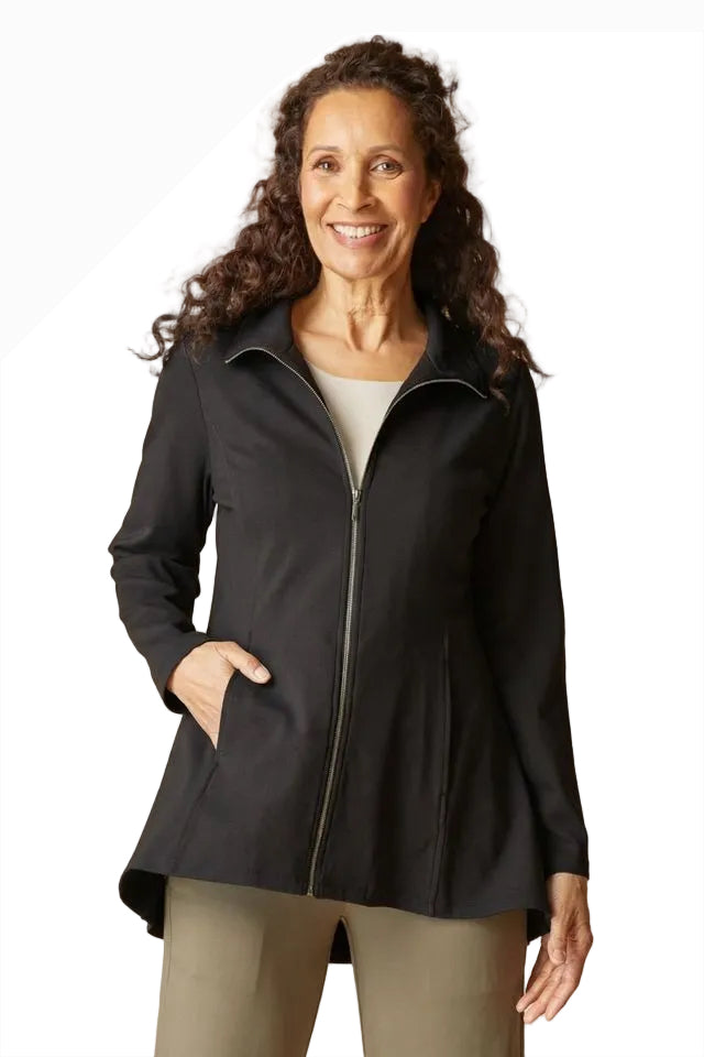 Habitat 10611BK BLACK Zip Front Hi-Lo Hemline Luxe Ponte Soho Jacket