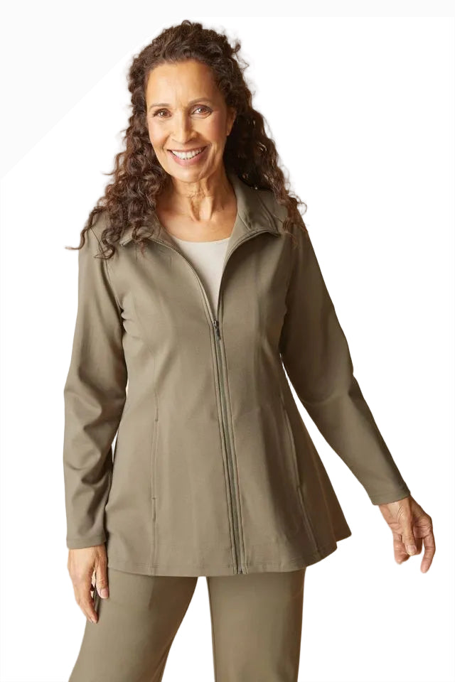 Habitat 10611UM UMBER Zip Front Hi-Lo Hemline Luxe Ponte Soho Jacket