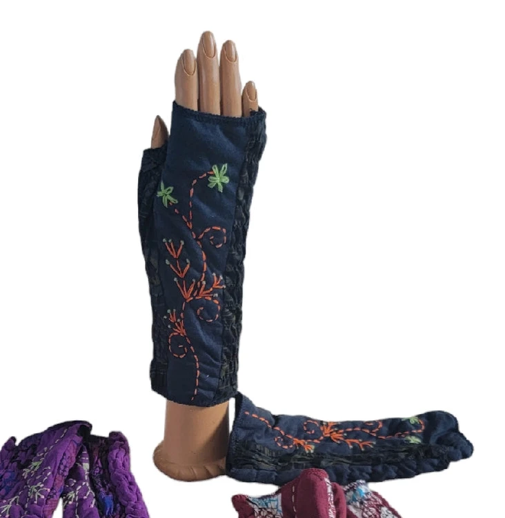Evergreen Guardian H185NV NAVY Fleece Lined Cotton Handwarmers with Floral Embroidery