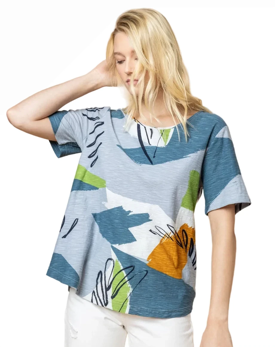 KOMIL 187 Squiggle Multicolor 100% Cotton Round Neck Short Sleeve Top With Pockets