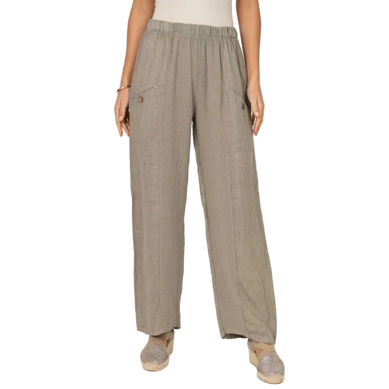 Look Mode USA 12808TP TAUPE Cotton Linen Pull-On Pants With Pockets