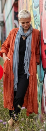 Dance In Paris 11108RU RUST One Size Italian Linen Duster With Silk Frayed Edges