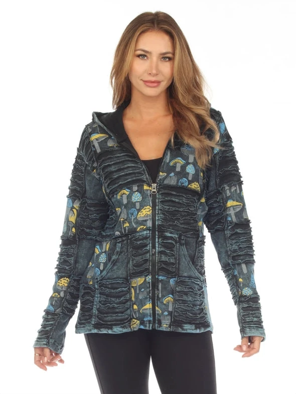 Rising Tide D406 Patchwork Mushroom Print Denim Blue Short Zip-Up Hooded Jacket