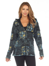 Rising Tide D406 Patchwork Mushroom Print Denim Blue Short Zip-Up Hooded Jacket
