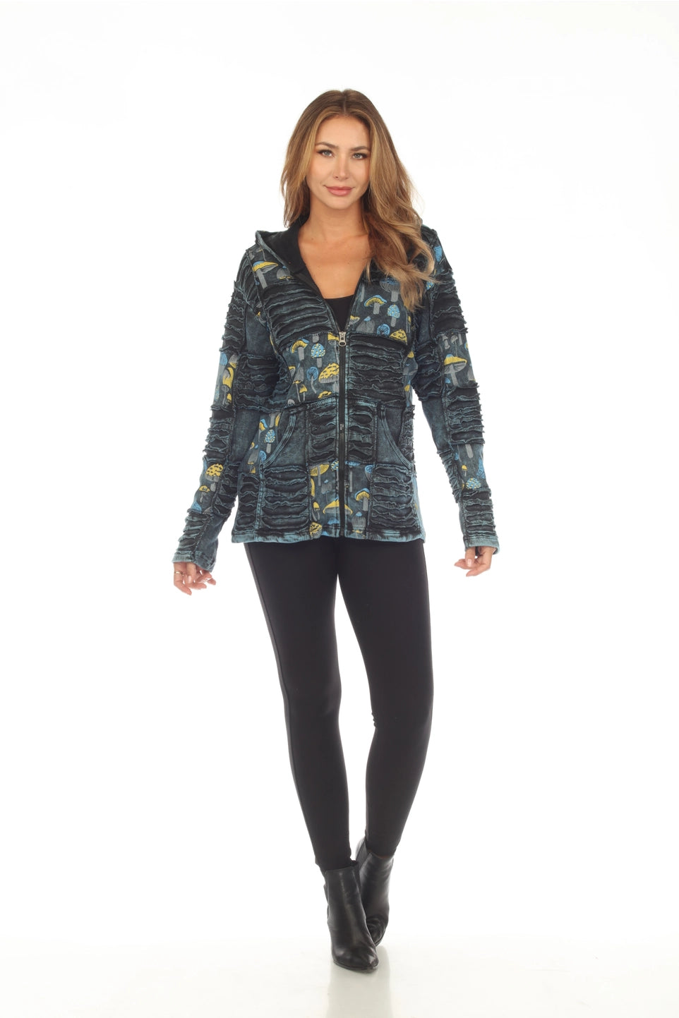 Rising Tide D406 Patchwork Mushroom Print Denim Blue Short Zip-Up Hooded Jacket