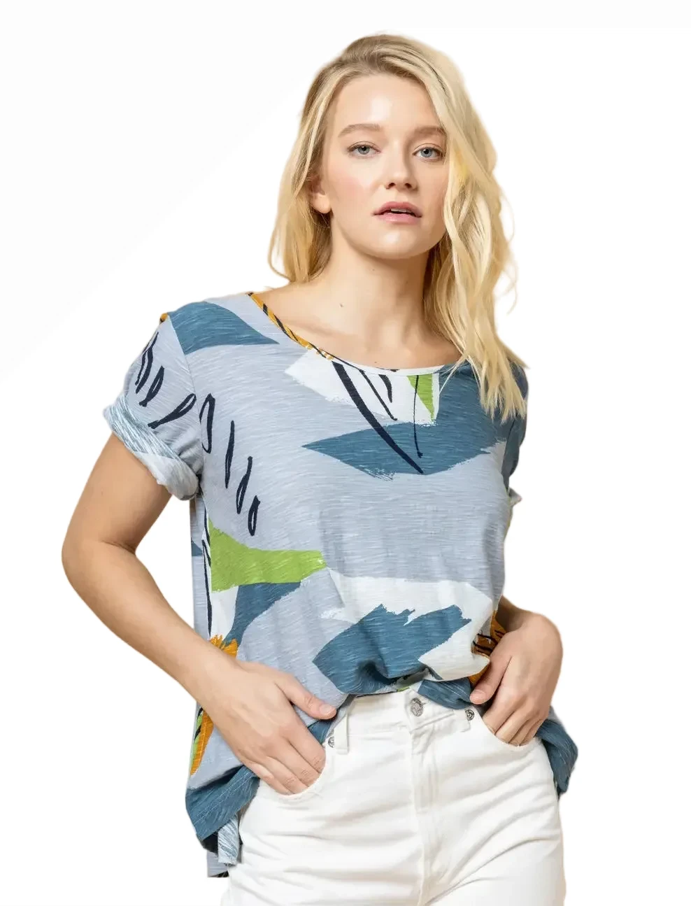 KOMIL 187 Squiggle Multicolor 100% Cotton Round Neck Short Sleeve Top With Pockets