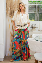 Easel EB56239 Sage and Teal Printed Rayon Challis Wide Pants