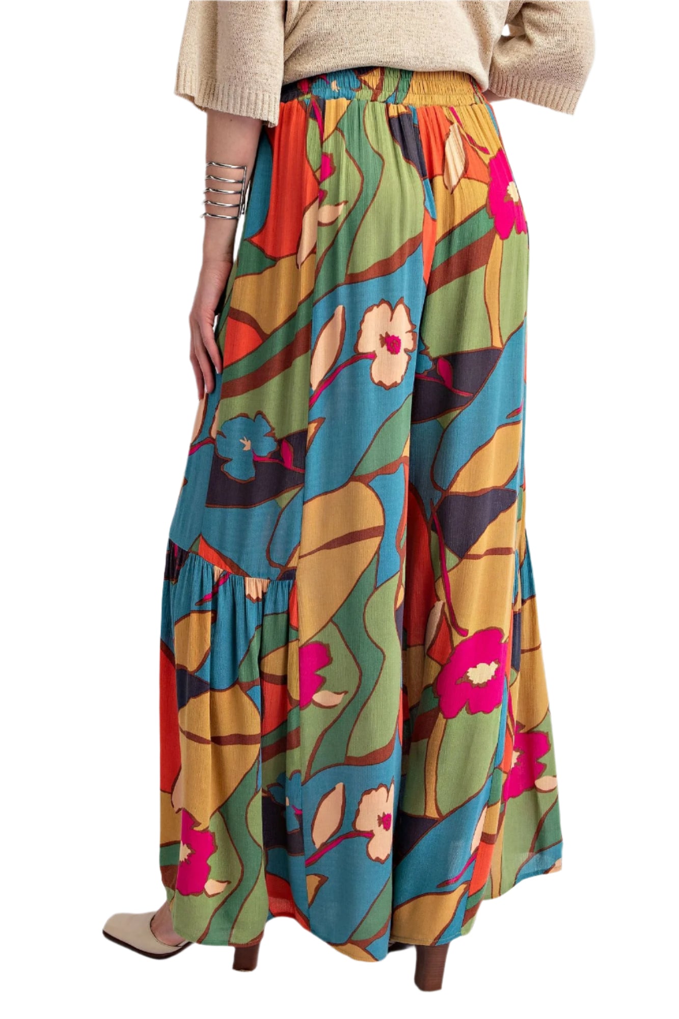 Easel EB56239 Sage and Teal Printed Rayon Challis Wide Pants