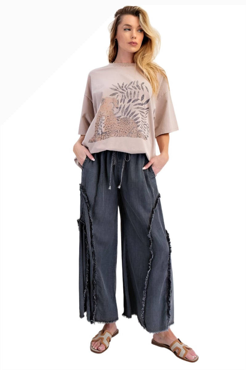 Easel EB56322BK Black Self Fringe Washed Denim Pull-On Pants