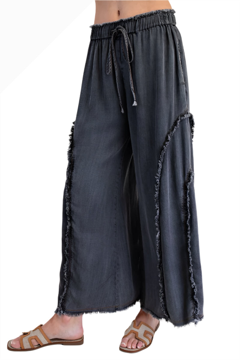 Easel EB56322BK Black Self Fringe Washed Denim Pull-On Pants