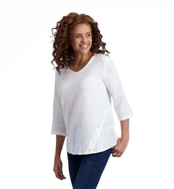 Komil B177-BRI-WHT WHITE Brighton 100% Cotton Gauze V-Neck 3/4 Sleeve Top