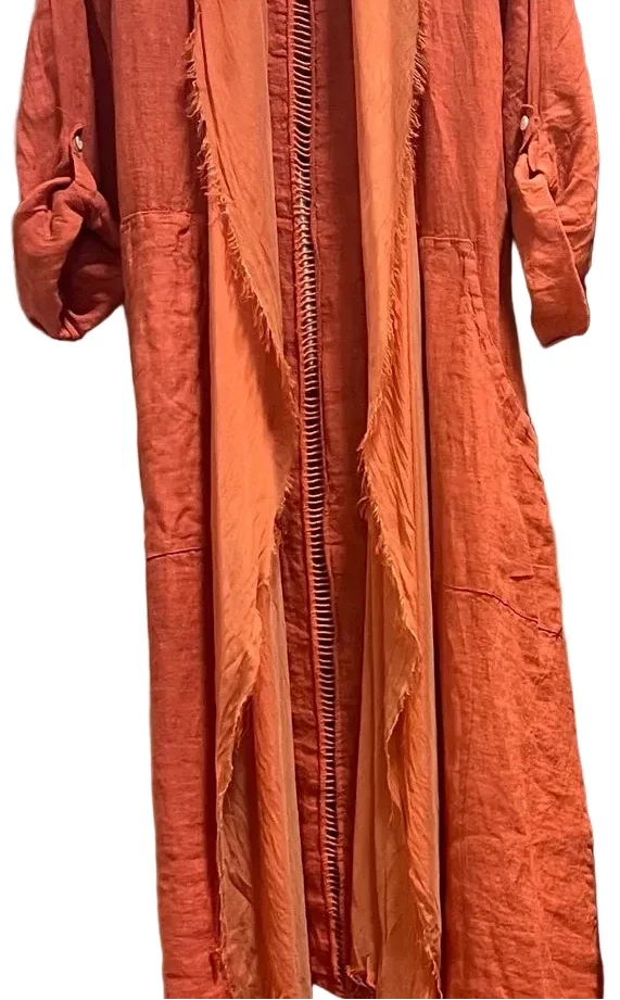 Dance In Paris 11108RU RUST One Size Italian Linen Duster With Silk Frayed Edges