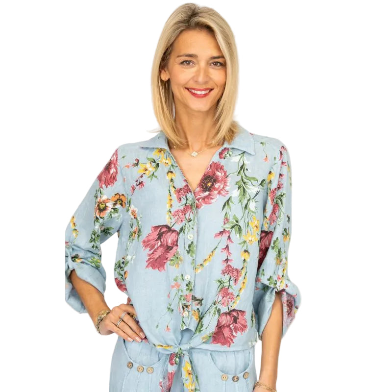 Look Mode USA 8597FBU BLUE FLORAL One Size Linen Button Up Tie Front Shirt