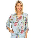 Look Mode USA 8597FBU BLUE FLORAL One Size Linen Button Up Tie Front Shirt