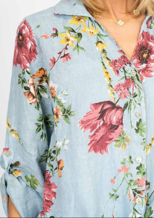 Look Mode USA 8597FBU BLUE FLORAL One Size Linen Button Up Tie Front Shirt