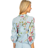 Look Mode USA 8597FBU BLUE FLORAL One Size Linen Button Up Tie Front Shirt