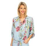 Look Mode USA 8597FBU BLUE FLORAL One Size Linen Button Up Tie Front Shirt