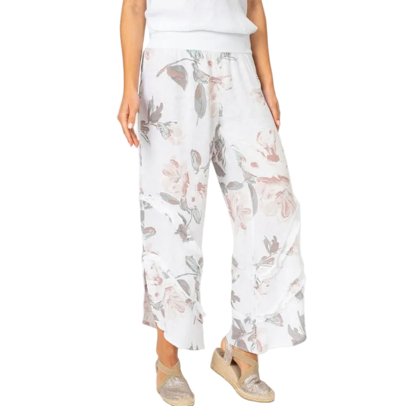 Look Mode USA 8155FWT WHITE FLORAL 100% Linen Pull-On Pants