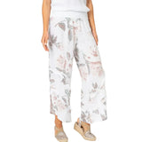 Look Mode USA 8155FWT WHITE FLORAL 100% Linen Pull-On Pants