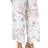 Look Mode USA 8155FWT WHITE FLORAL 100% Linen Pull-On Pants