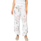 Look Mode USA 8155FWT WHITE FLORAL 100% Linen Pull-On Pants