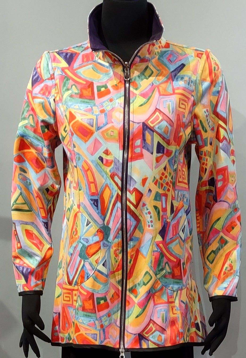 I-Reversibles 66-2237U Pink Green Orange Geometric Print With Purple Interior Reversible Jacket