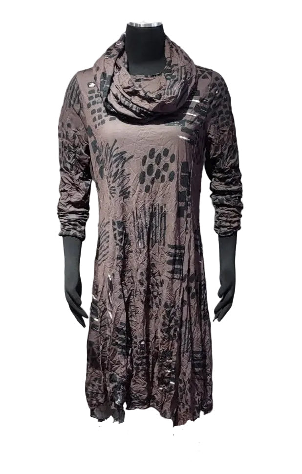 Moonlight MD6014BB BROWN BLACK Mix Pattern Dress With Removable Cowl