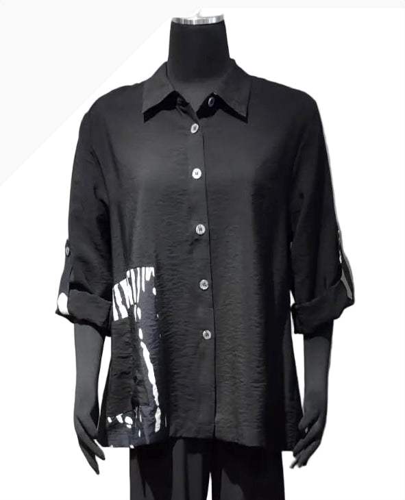 Shana 25327BK BLACK Long Sleeve Button Front Blouse With Black & White Buttons & Patchwork Accents & Pocket