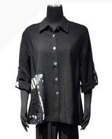 Shana 25327BK BLACK Long Sleeve Button Front Blouse With Black & White Buttons & Patchwork Accents & Pocket