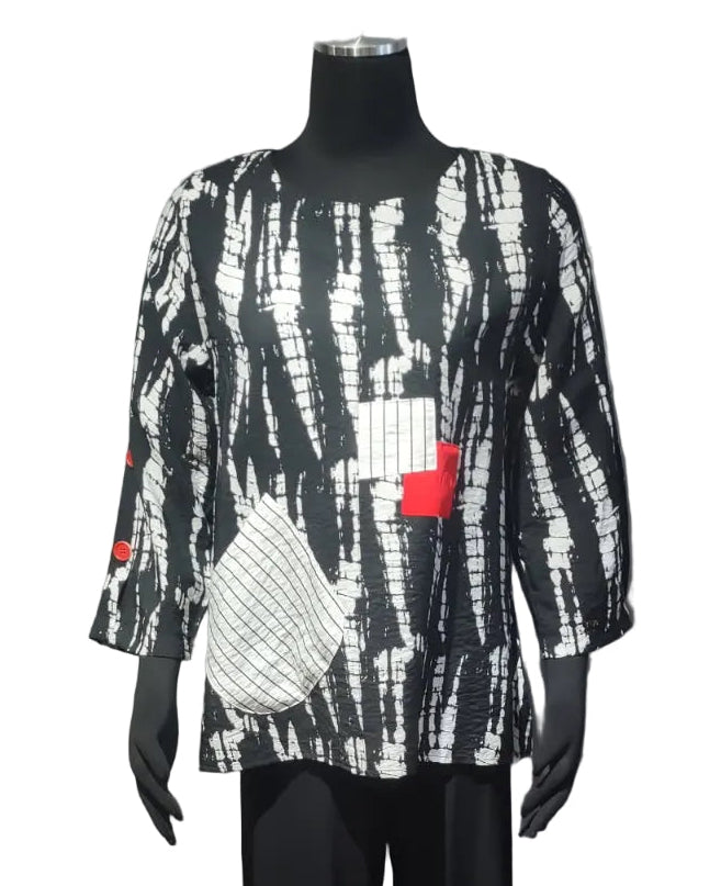 Shana 26307BW Black & White Shibori Top With Red Accents and One Pocket