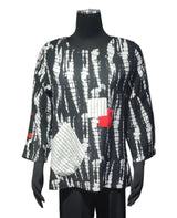 Shana 26307BW Black & White Shibori Top With Red Accents and One Pocket