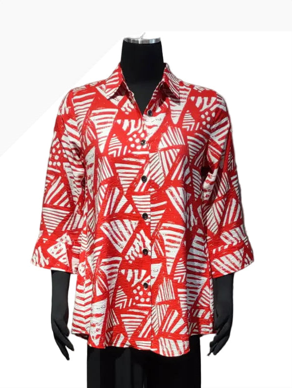 Shana 26349RW Red & White Geometric Print Long Sleeve Button Front Blouse With Back Zipper Accent