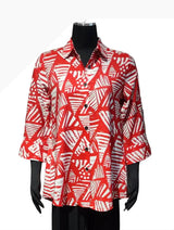 Shana 26349RW Red & White Geometric Print Long Sleeve Button Front Blouse With Back Zipper Accent