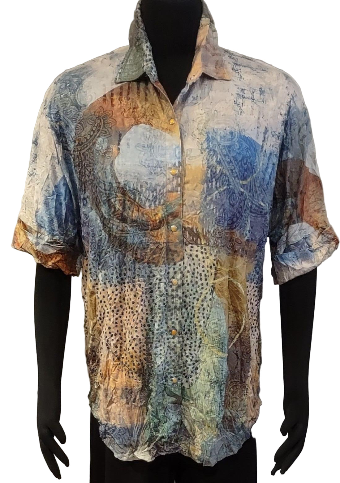Shana 25608MU Multicolor Crinkle Printed Button Front Shirt With Short Dolman Sleeves